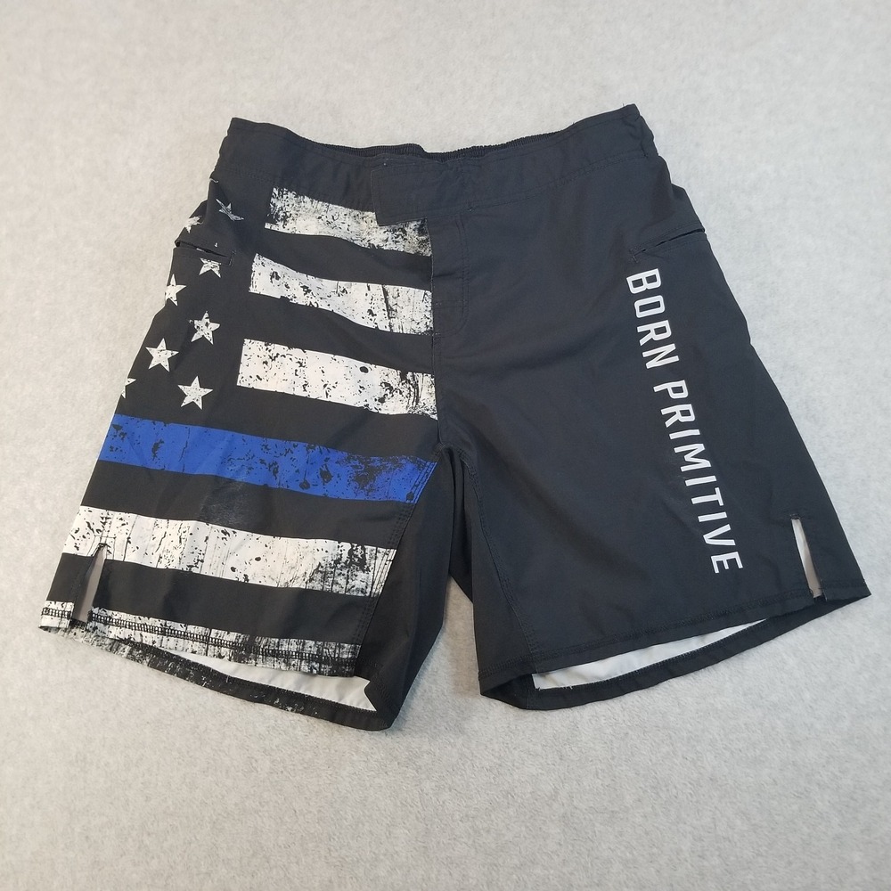 Born Primitive Shorts Mens 37 38 Black Blue Line American Flag USA Gym Board